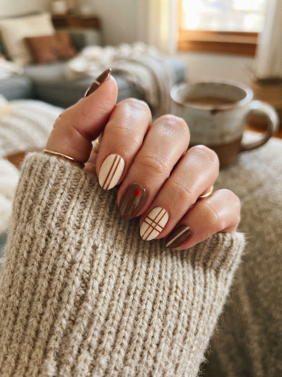 Chip and Dale-inspired brown and cream Christmas nails