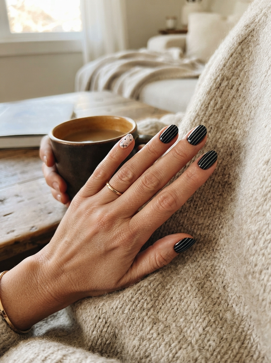 Jack Skellington-inspired black and white Christmas nails