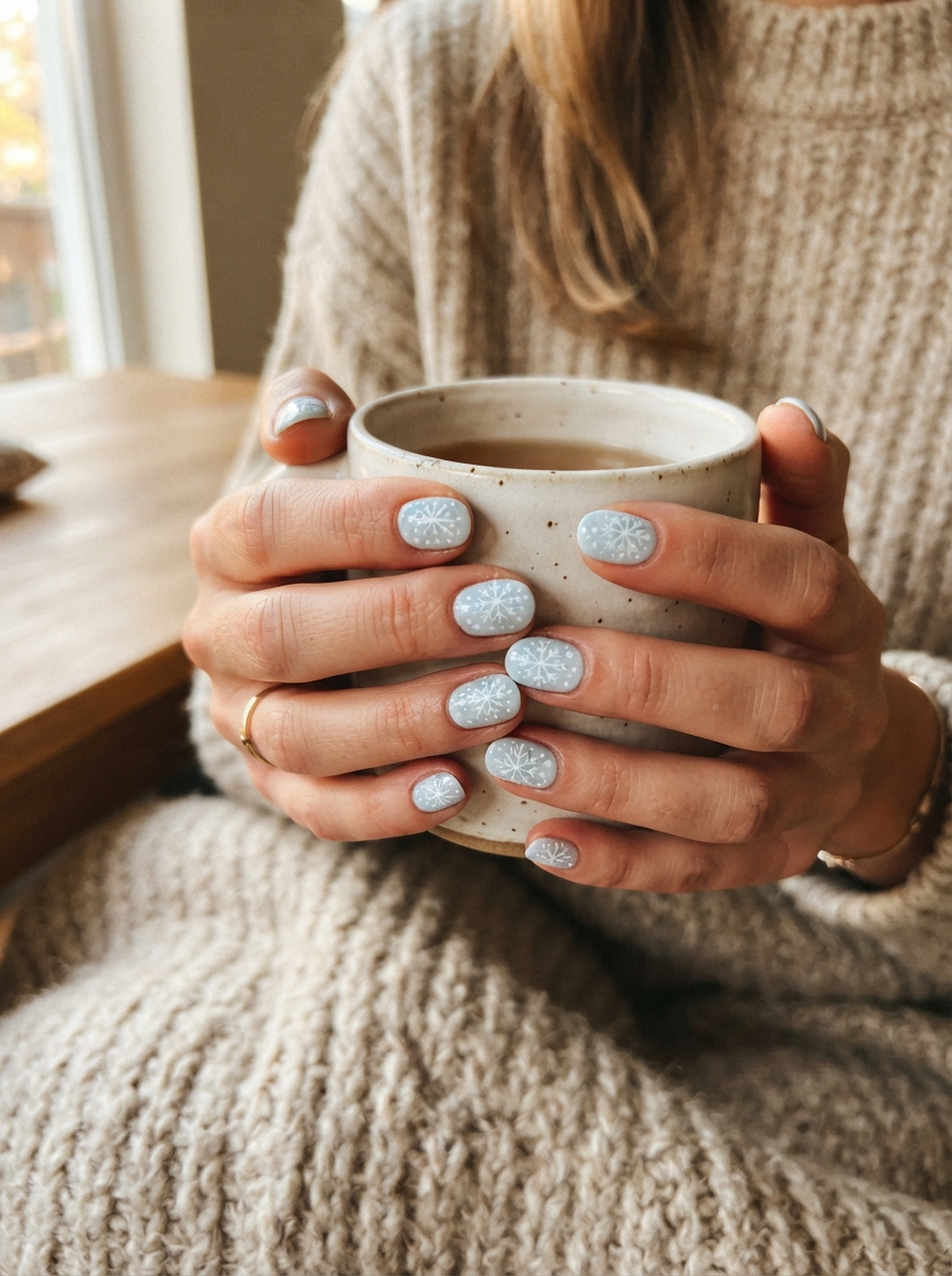 Snowflakes on icy blue Christmas nails
