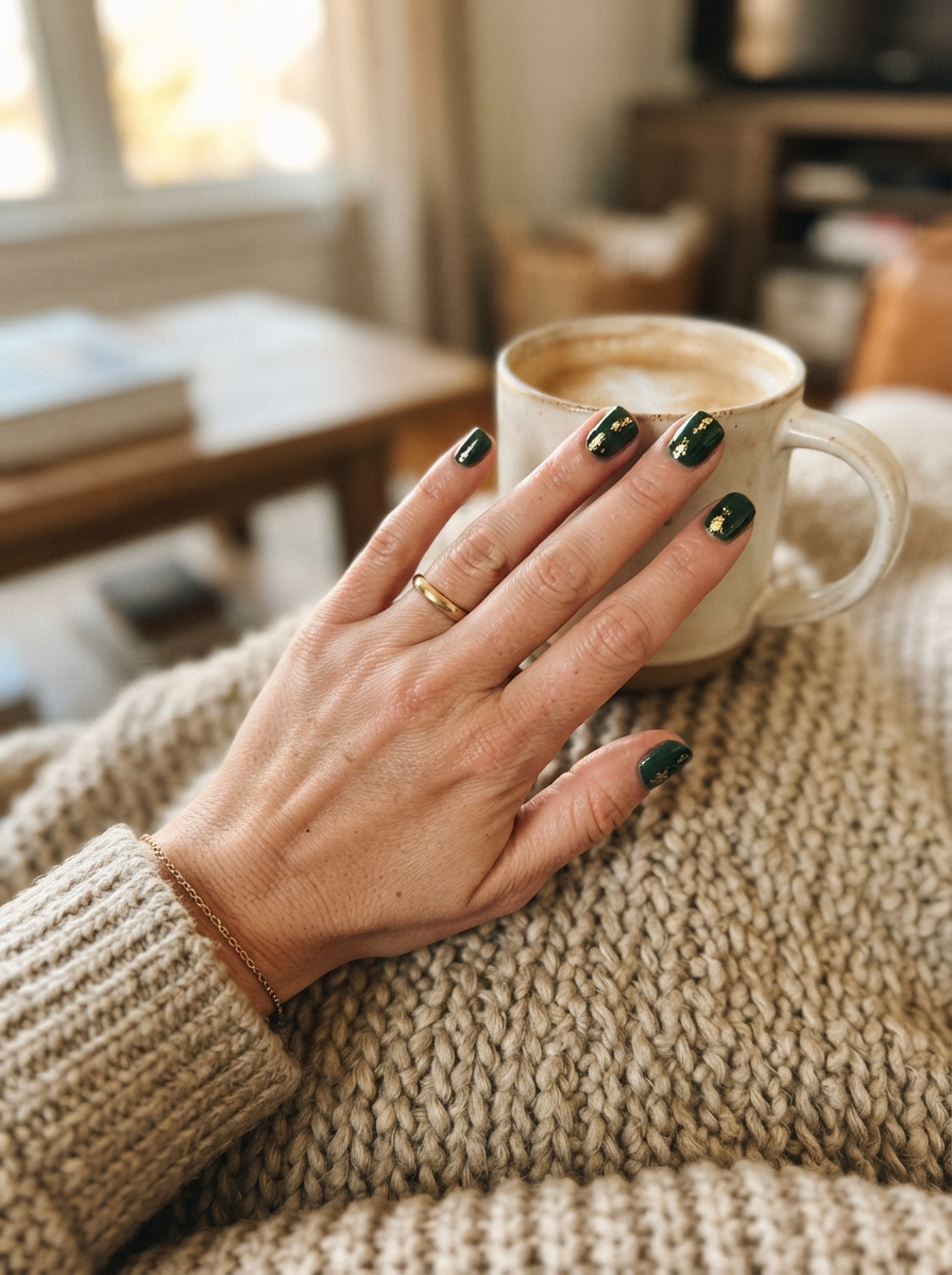 Deep green with gold flakes Christmas nails