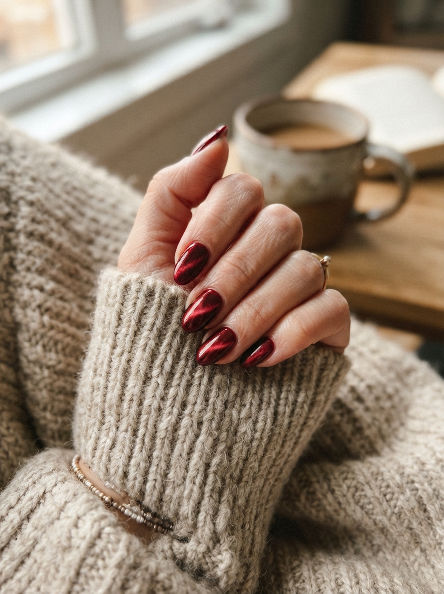 Velvet red cat eye Christmas nails