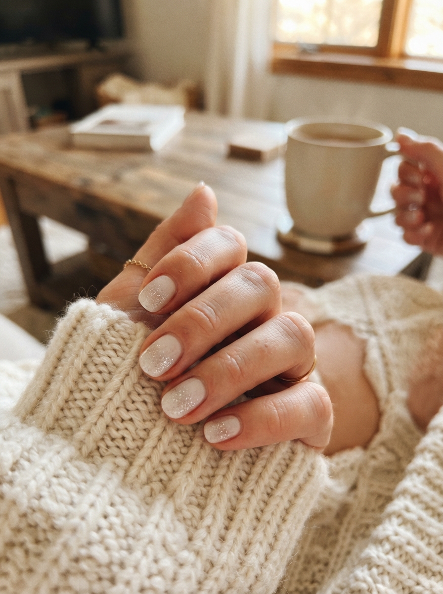 Milky white with silver glitter tips Christmas nails