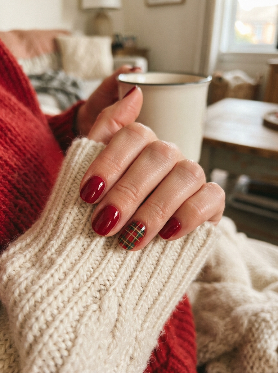 Plaid accent nail Christmas nails