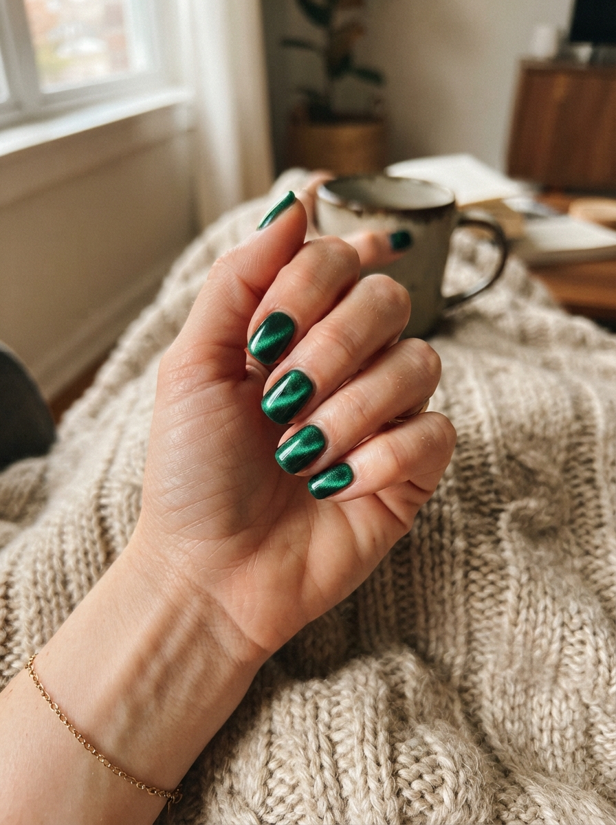 Emerald cat eye Christmas nails