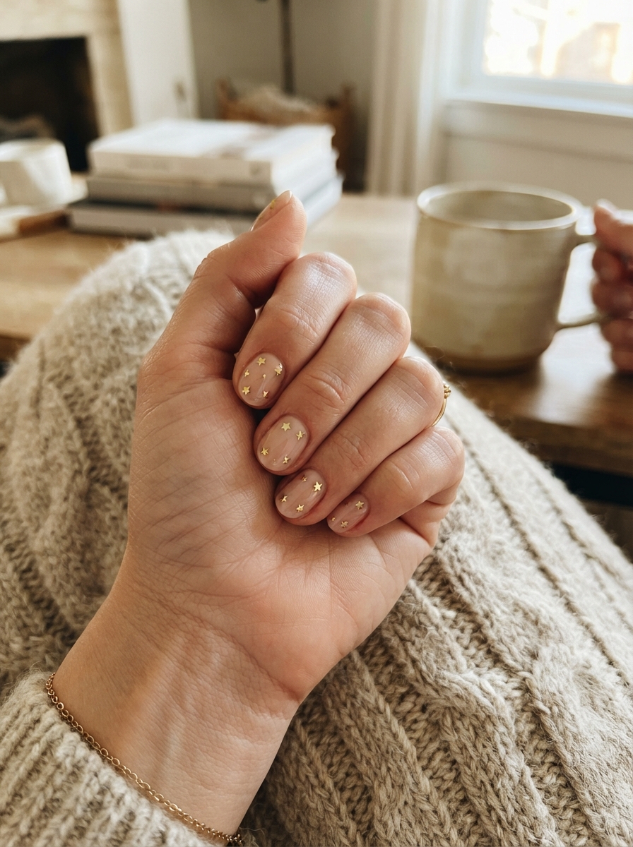 Tiny gold stars on nude Christmas nails