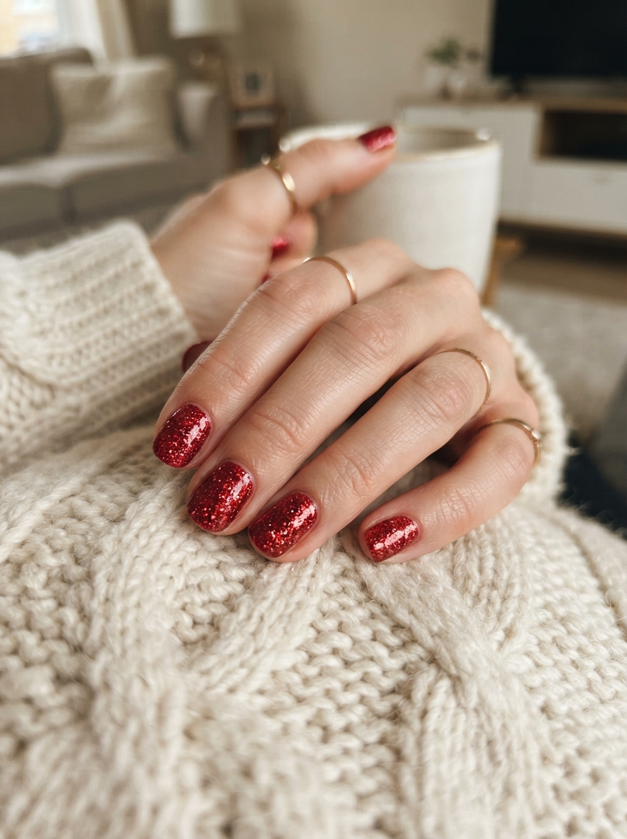 Red glitter full set Christmas nails