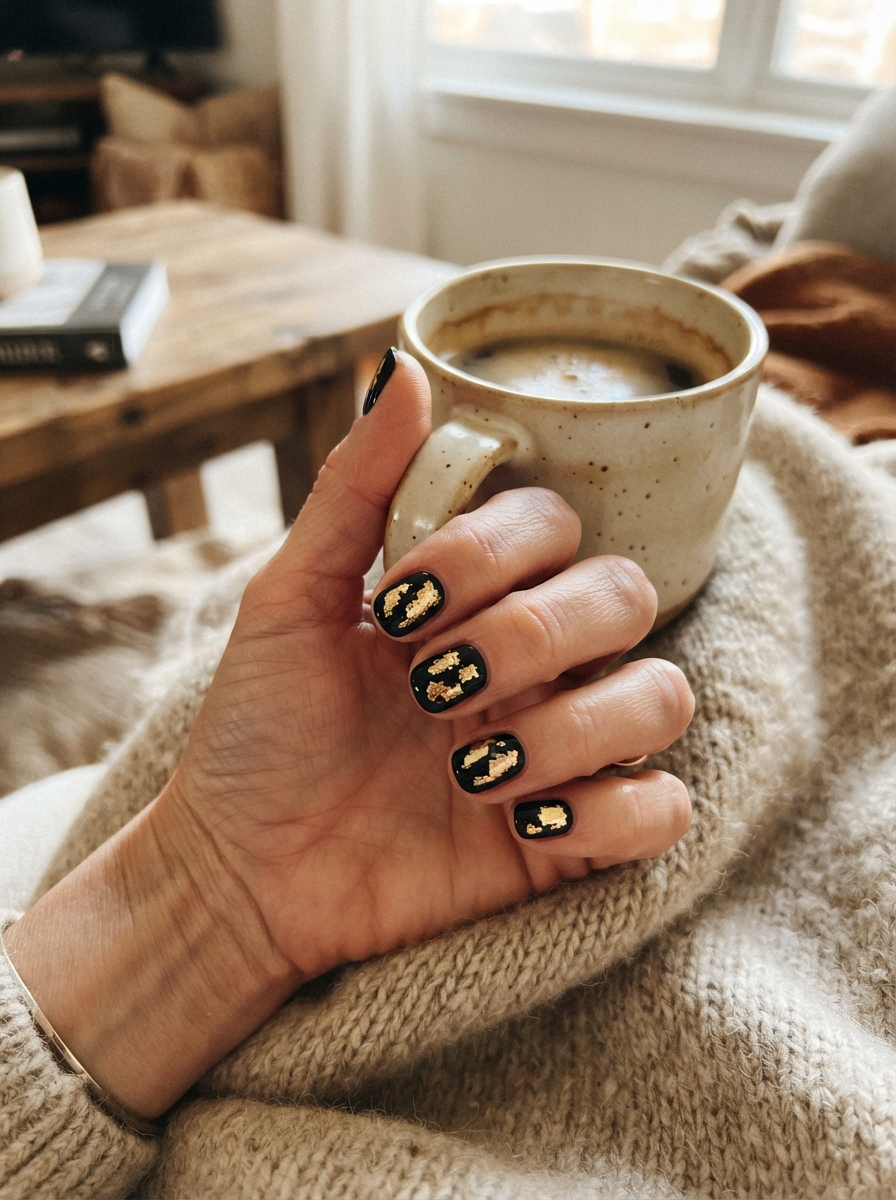 Black with gold foil Christmas nails