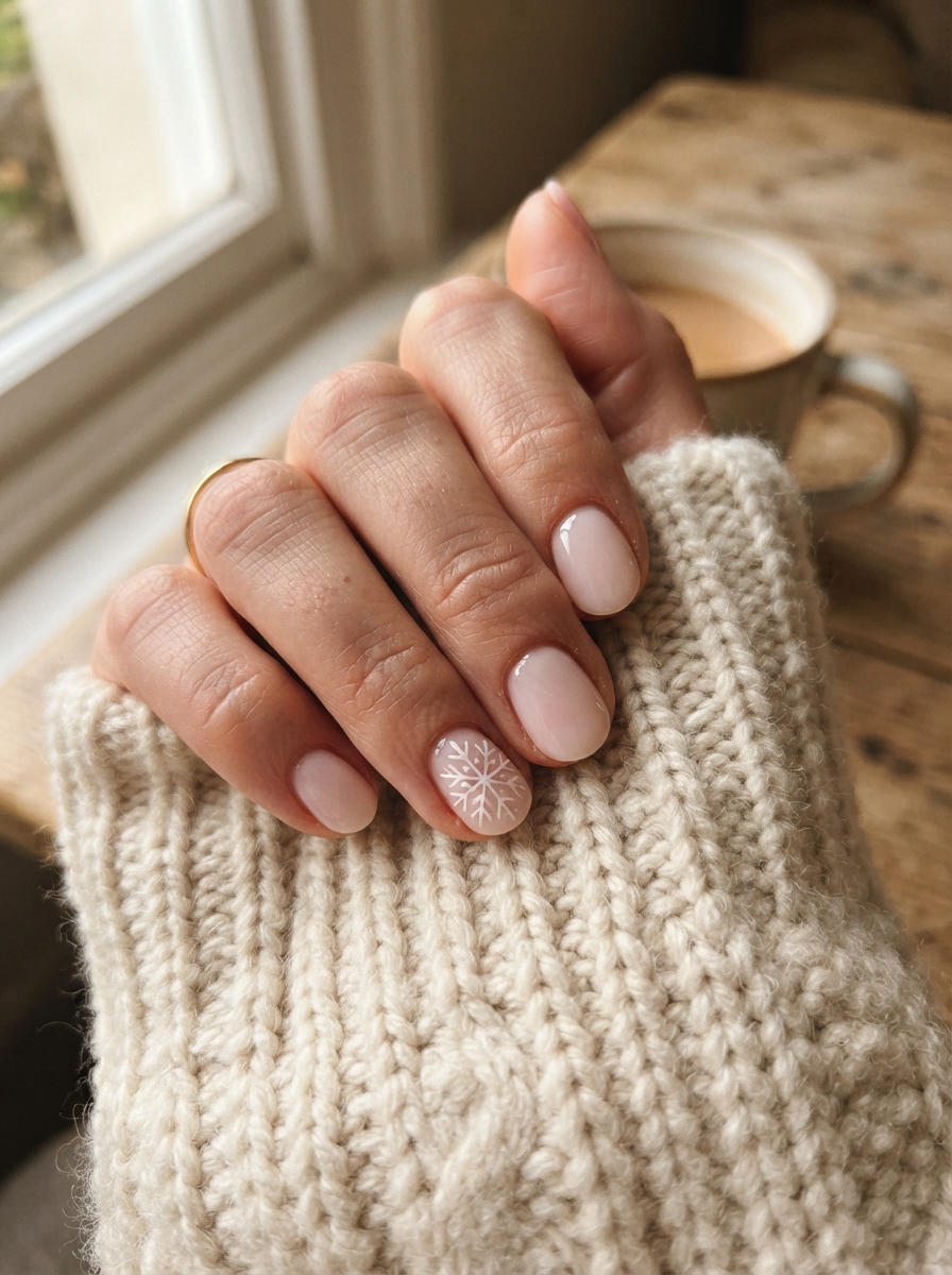 Sheer pink with snowflake accents Christmas nails