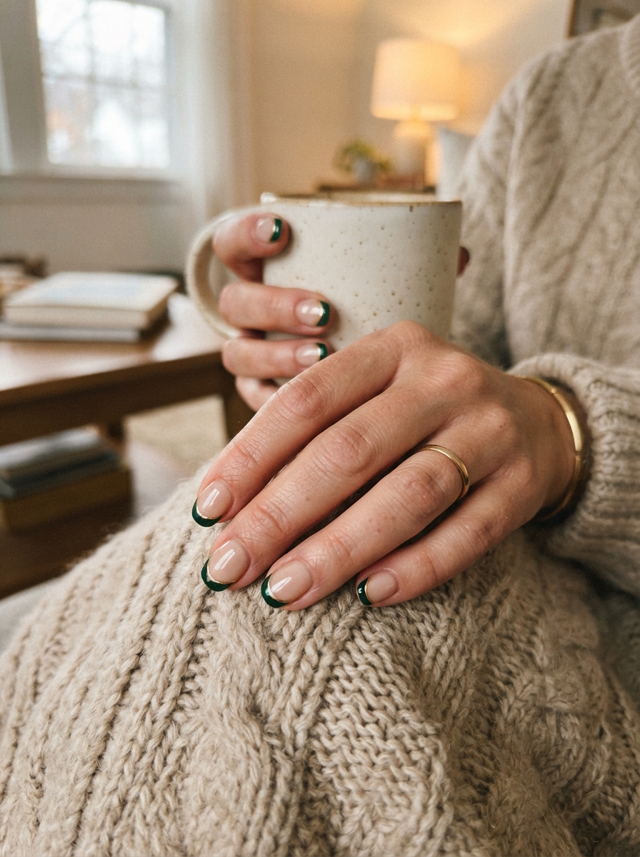 Green French tips with gold line Christmas nails
