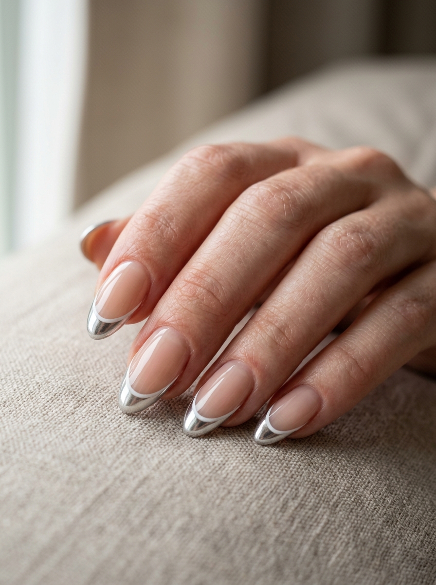 Silver Chrome with White Underline nails - chrome french tip idea