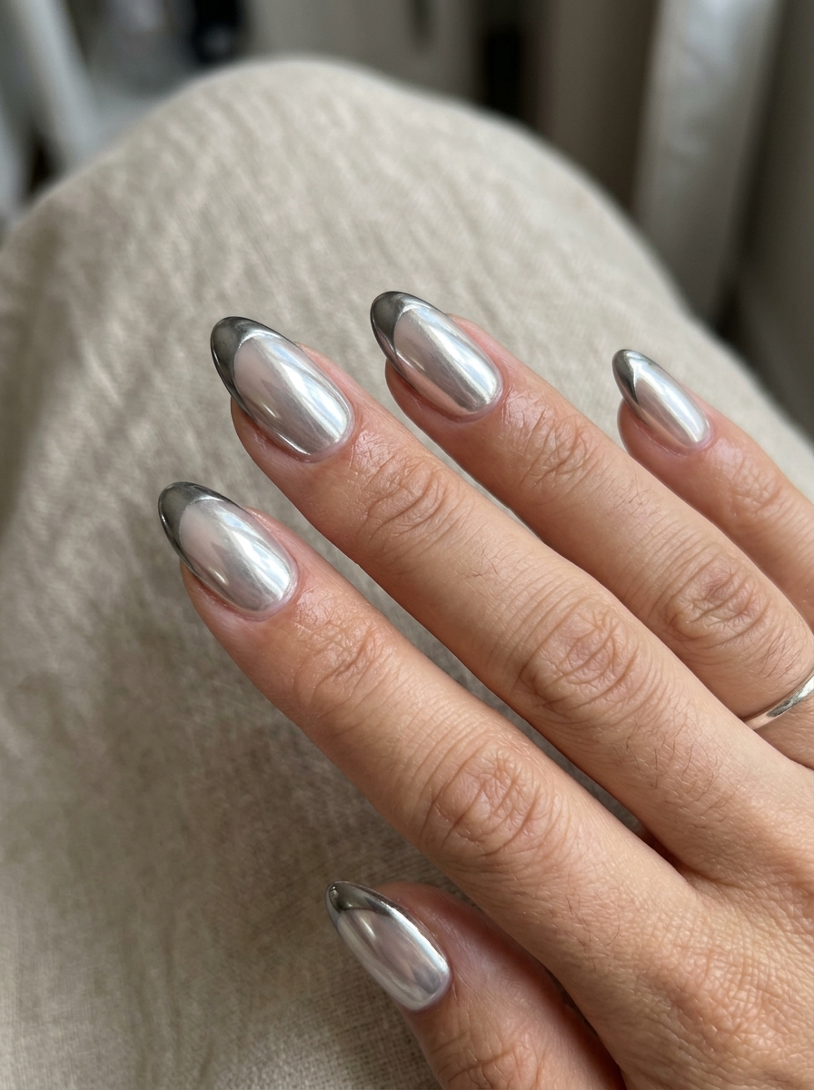 Full Silver Chrome, Nude Base nails - chrome french tip idea