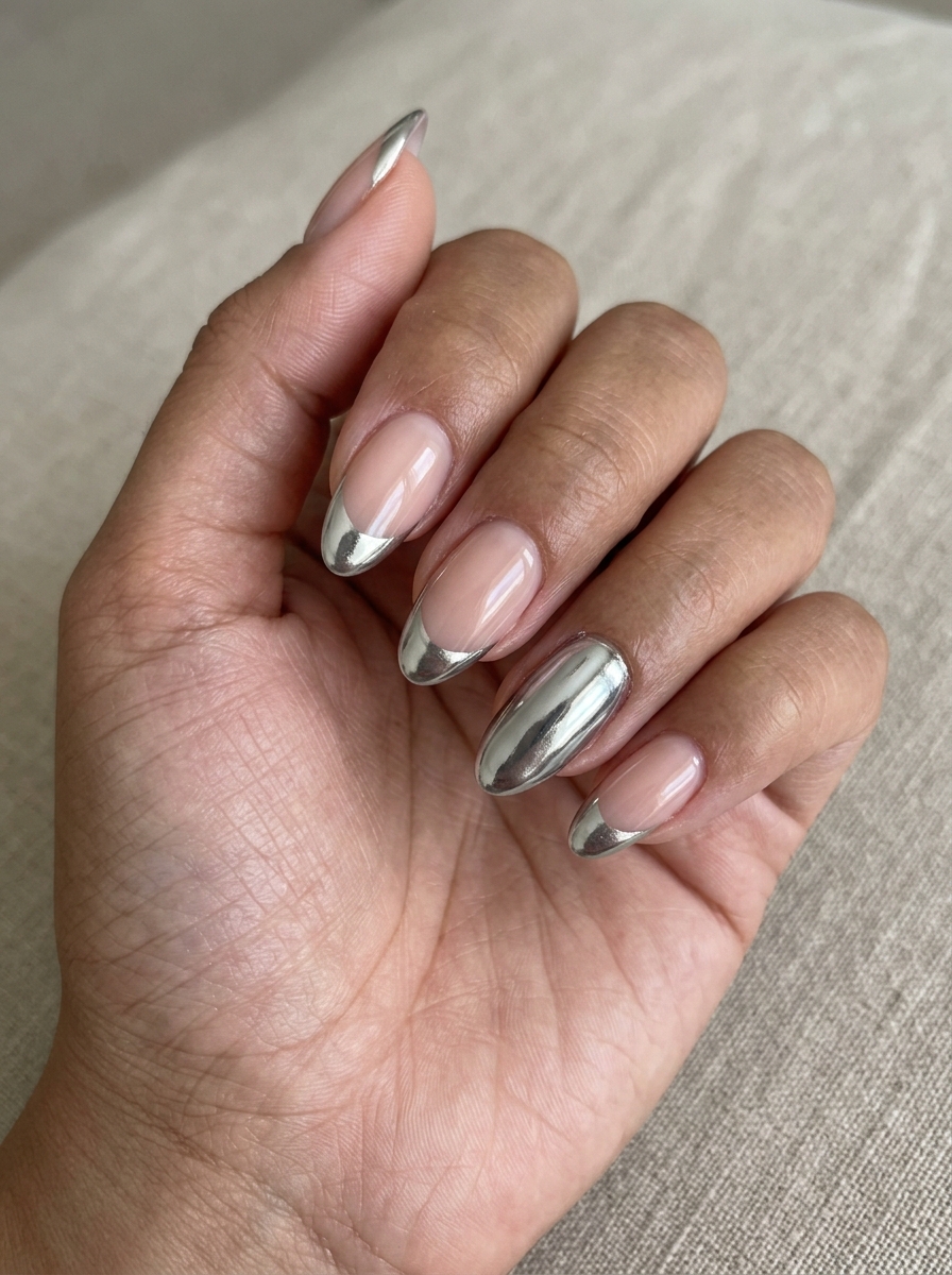 Silver Chrome French with Accent nails - chrome french tip idea