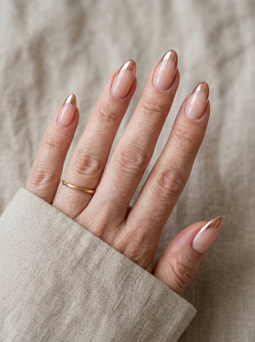 Rose Gold Chrome French nails - chrome french tip idea