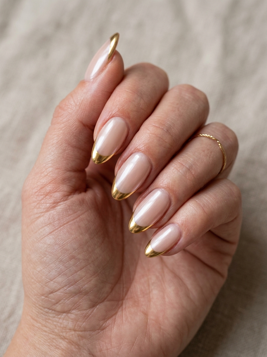 Gold Chrome with Nude Glazed Base nails - chrome french tip idea