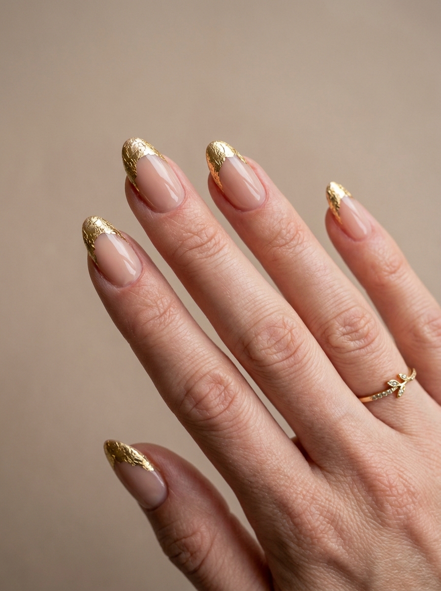 Gold Foil French (No-Gel Alternative) nails - chrome french tip idea