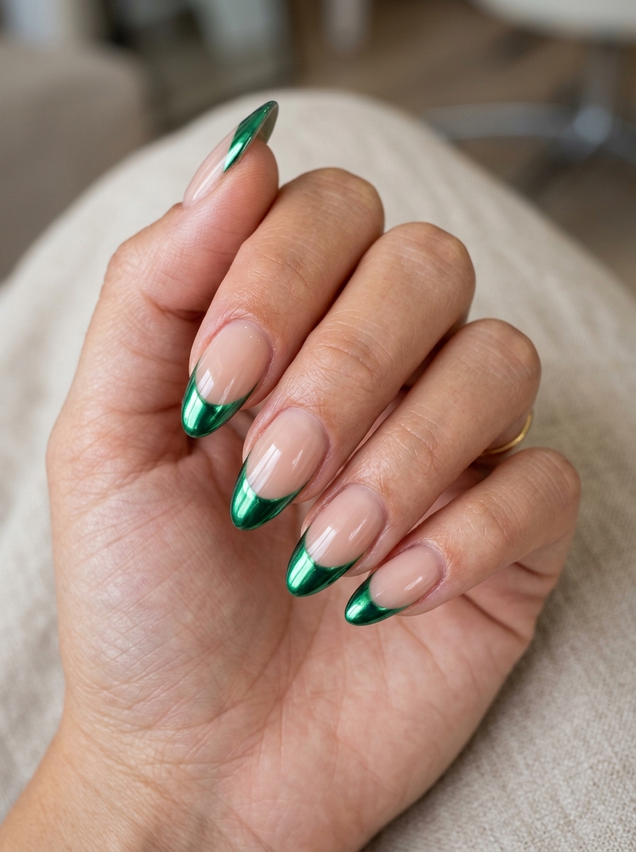 Green Chrome French nails - chrome french tip idea