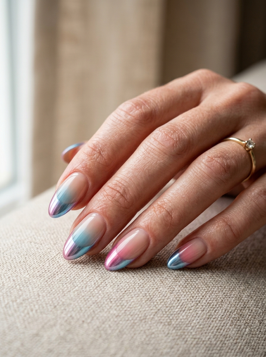 Colored Chrome Ombré French nails - chrome french tip idea