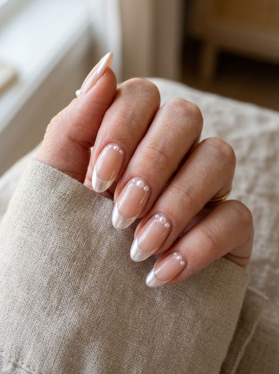 Pearl French with Micro Pearls nails - chrome french tip idea