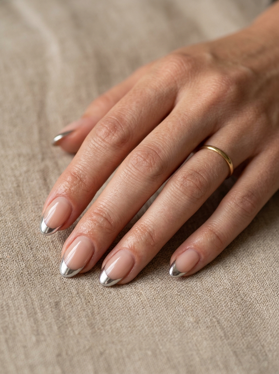 Short Silver Chrome French nails - chrome french tip idea