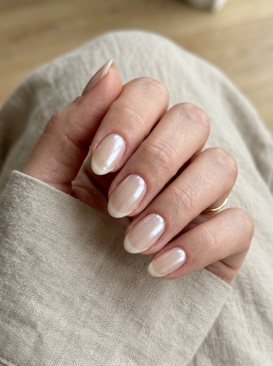 Short Glazed French nails - chrome french tip idea