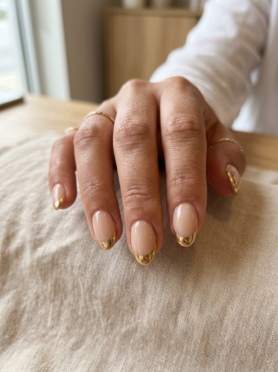Short Gold Chrome French nails - chrome french tip idea