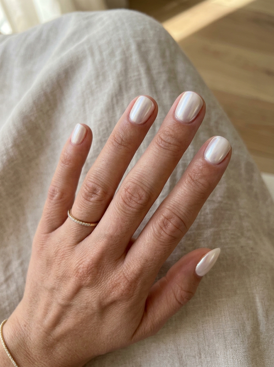 Short Full Pearl Chrome nails - chrome french tip idea