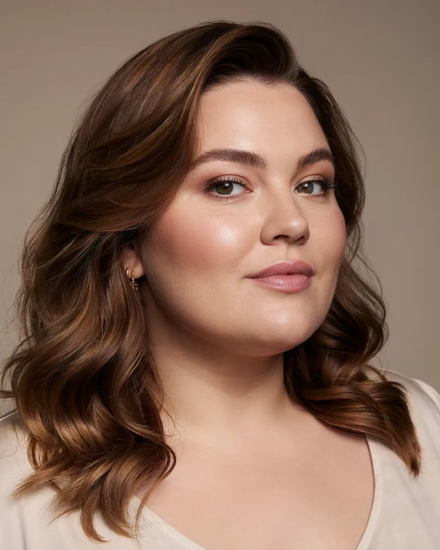 Side-Swept Hollywood Waves hairstyle for a chubby face