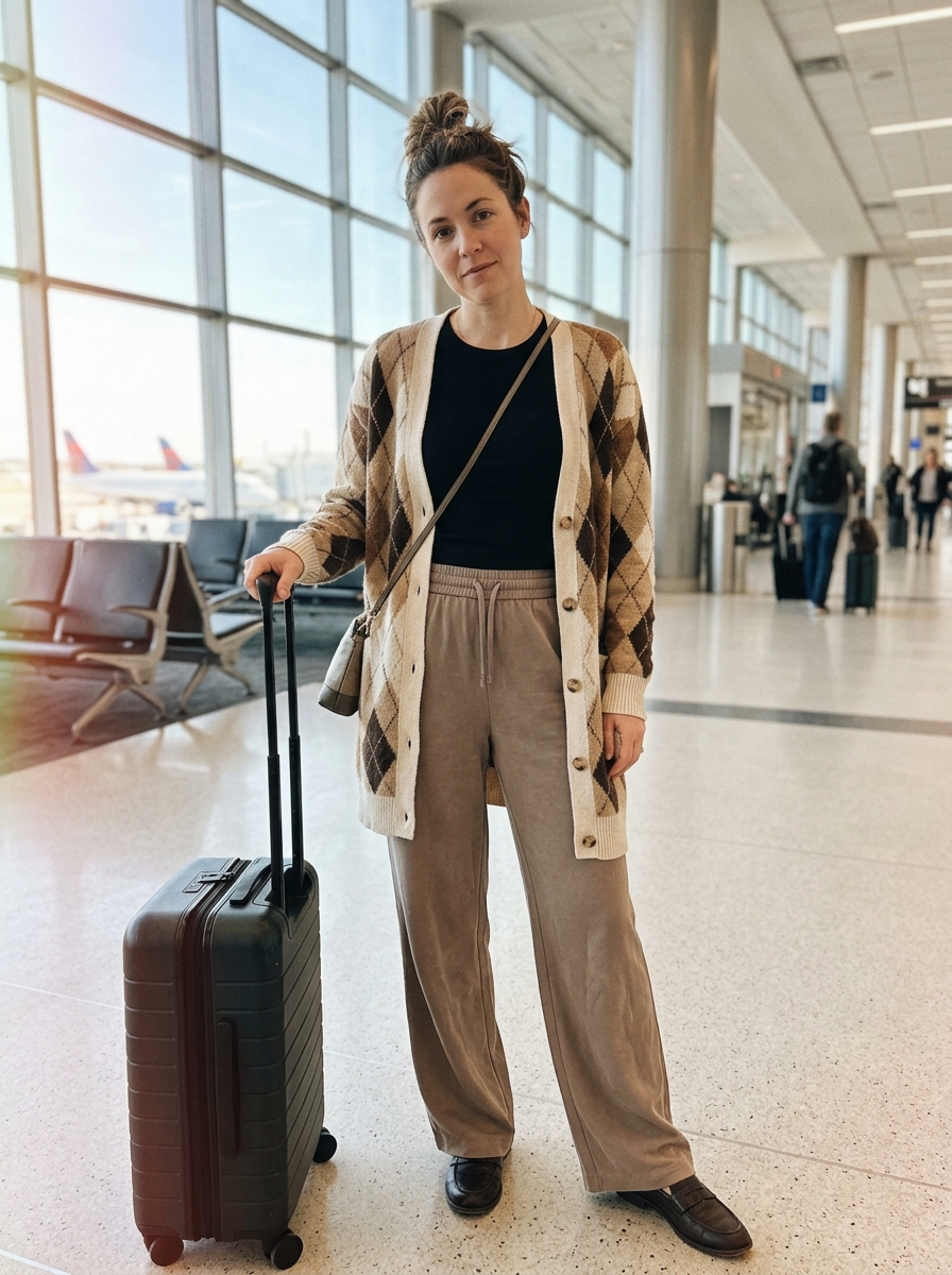 Wide-Leg Pants, Fitted Top and Long Cardigan comfy plane outfit