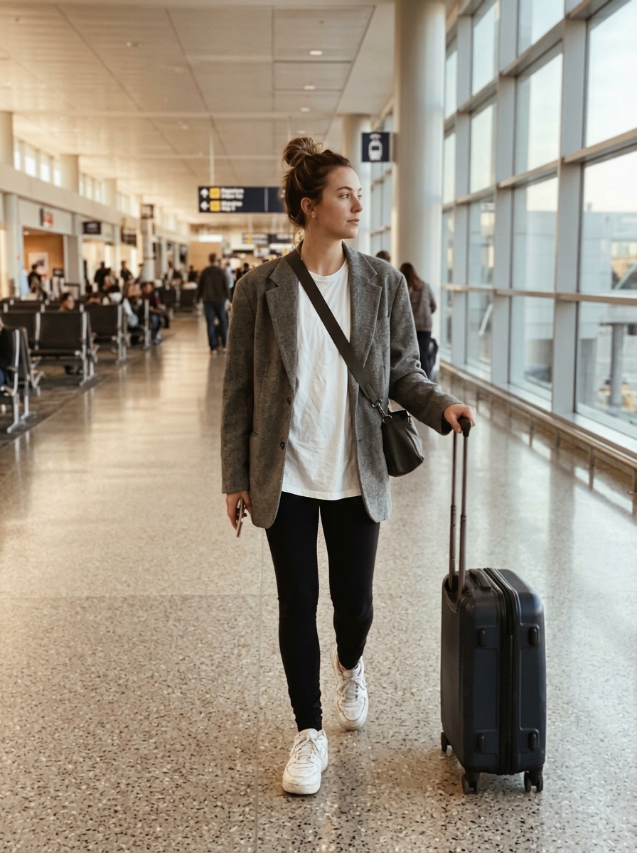 Leggings, Oversized Sweater and Blazer comfy plane outfit