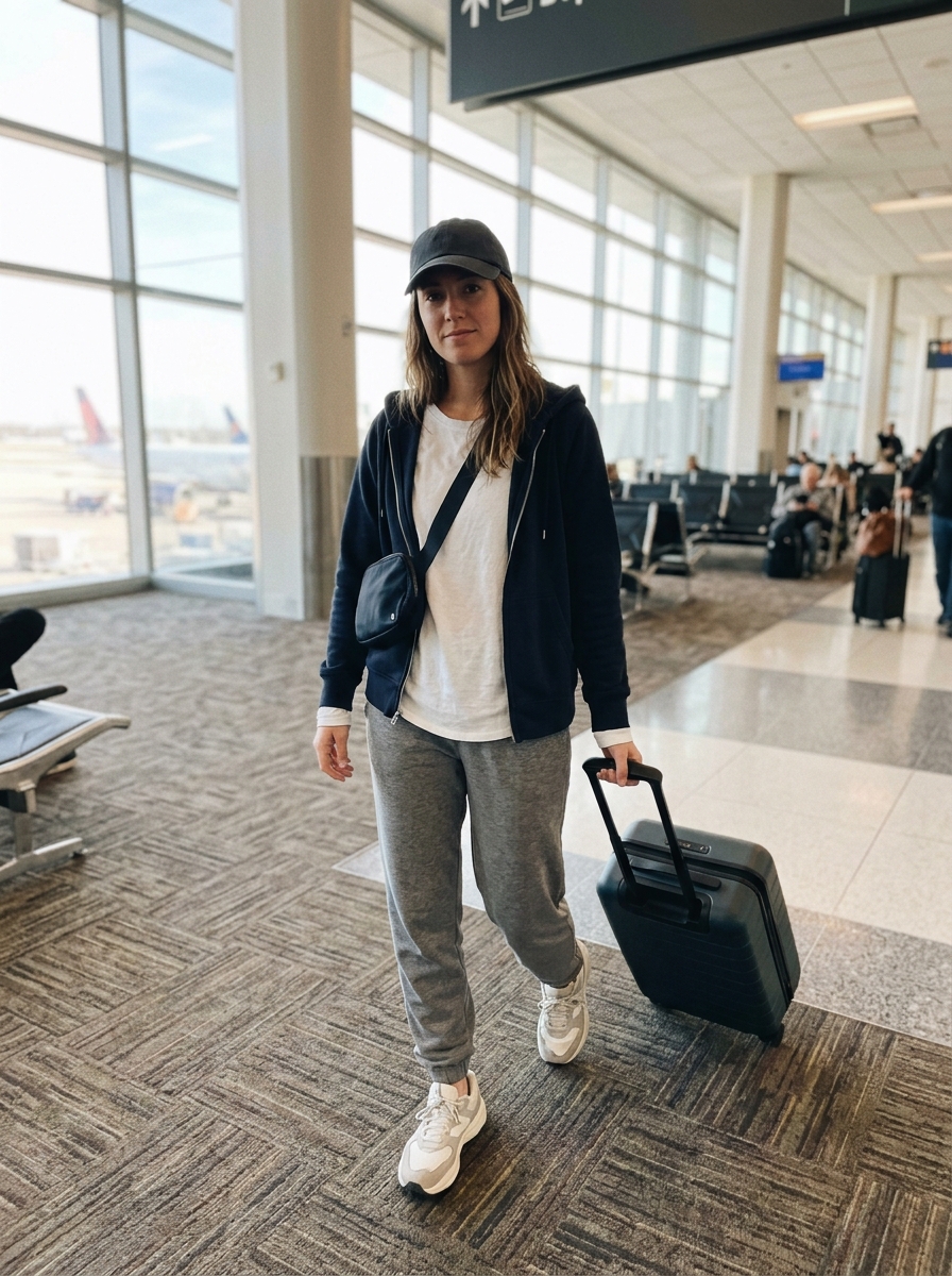 Joggers, Long-Sleeve Tee and Zip Hoodie comfy plane outfit