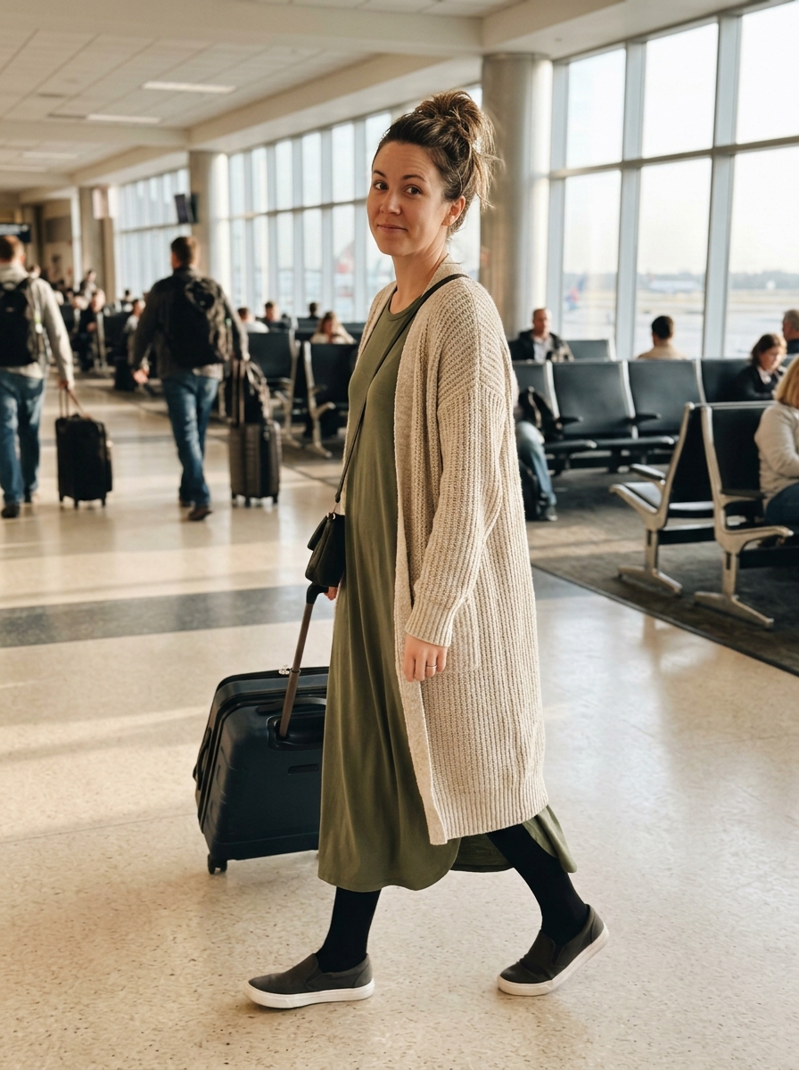 Stretchy Maxi Dress with Tights and Layers comfy plane outfit