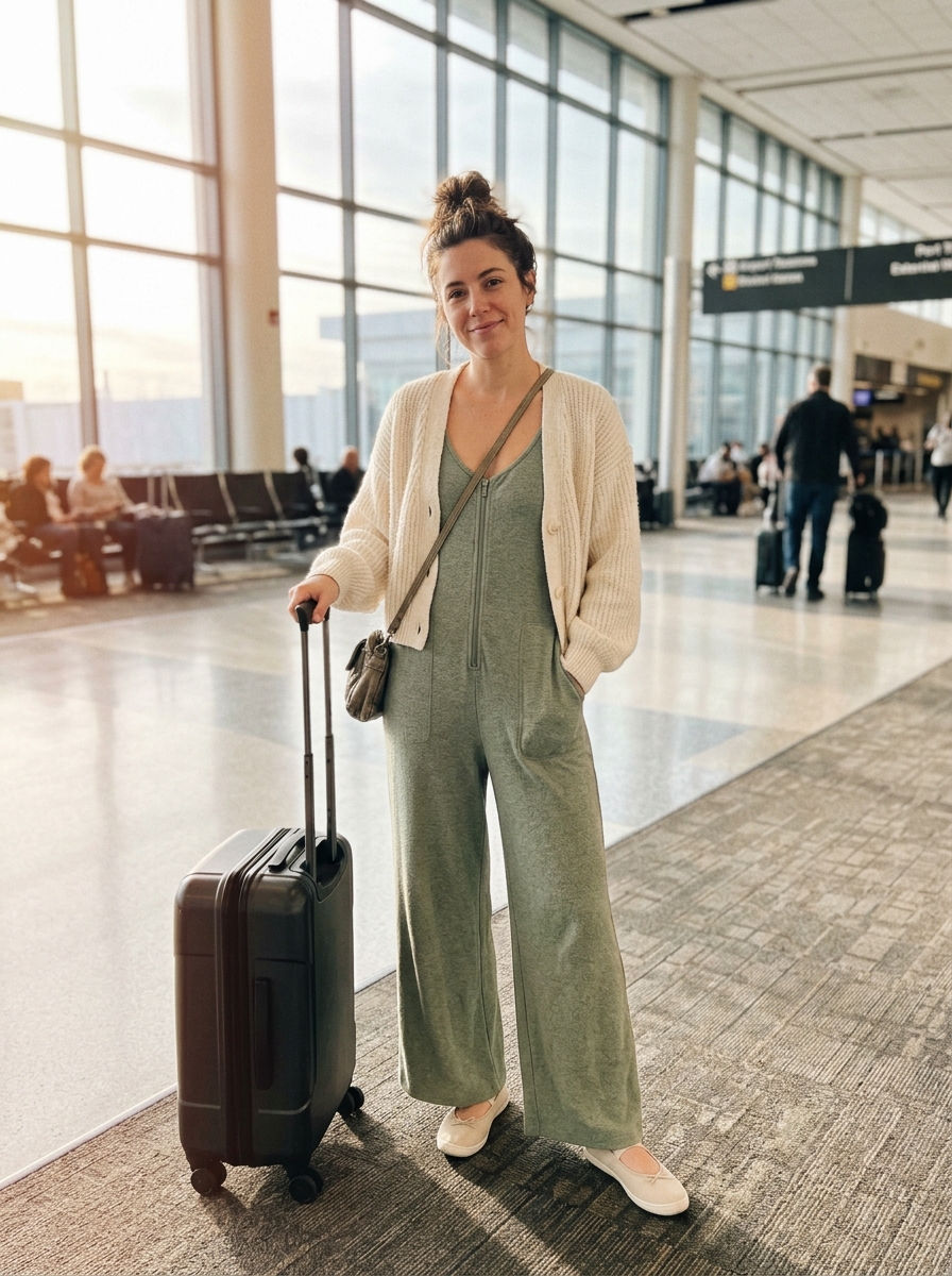 Front-Zip Knit Jumpsuit comfy plane outfit