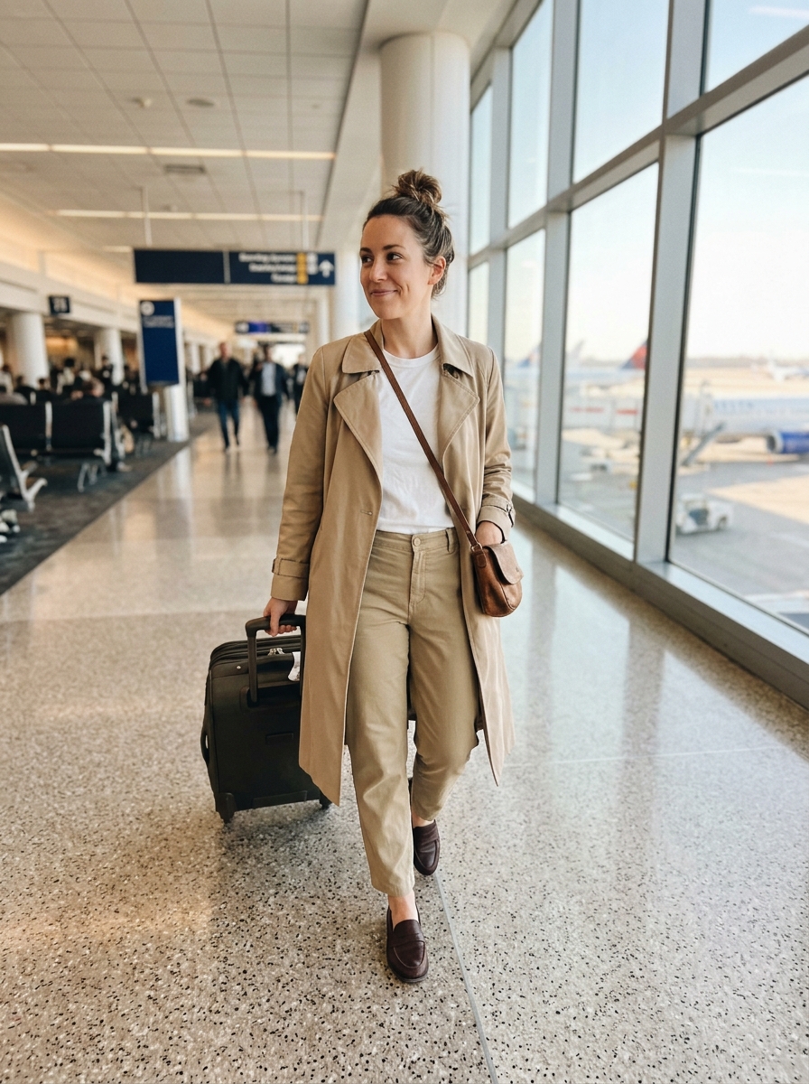 Travel Pants, Tucked Tee and Trench comfy plane outfit