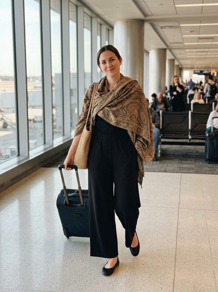 Black Wide-Leg Trousers and a Patterned Wrap comfy plane outfit