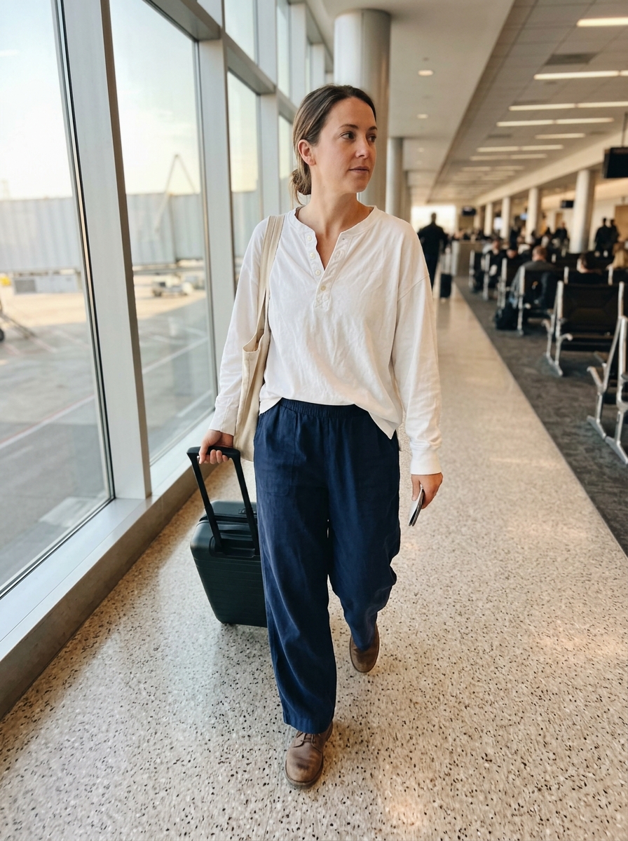 Oversized Henley and Derby Flats comfy plane outfit
