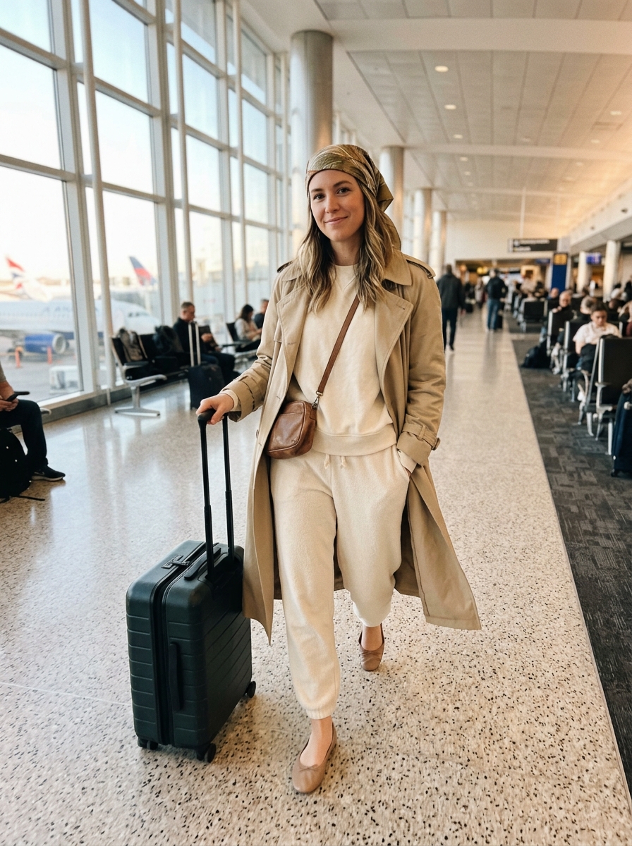 Trench over a Cream Lounge Set comfy plane outfit