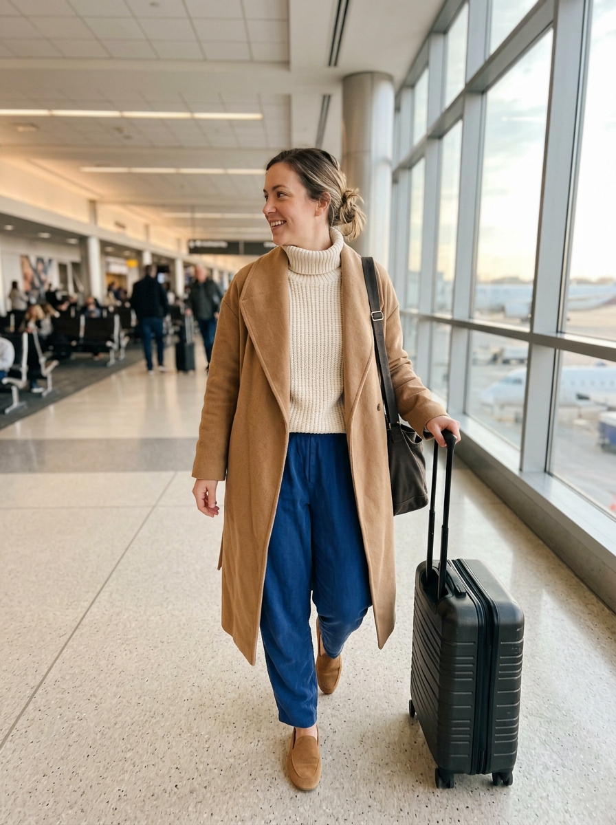 Cobalt Pull-On Pants and Camel Coat comfy plane outfit