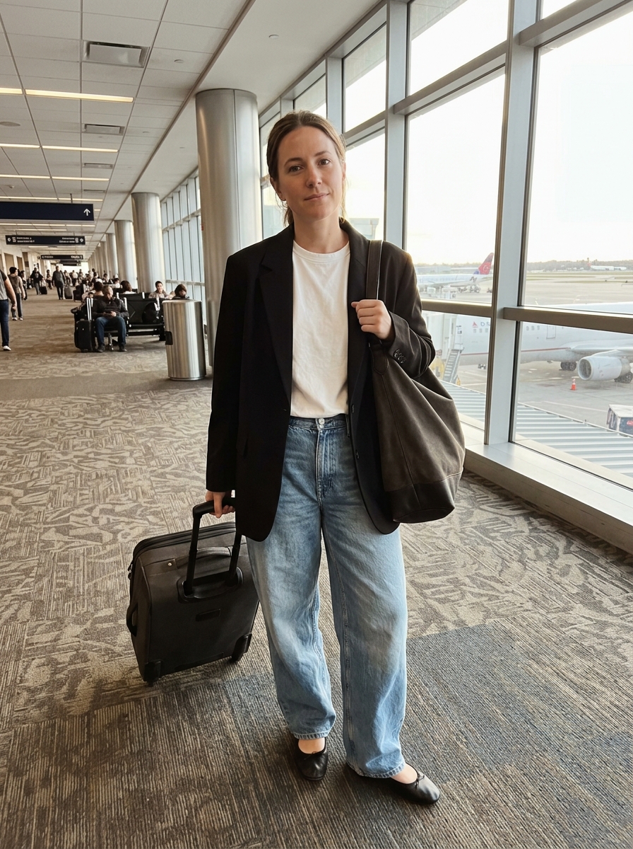 Baggy Jeans, White Tee and Blazer (Short-Haul Only) comfy plane outfit