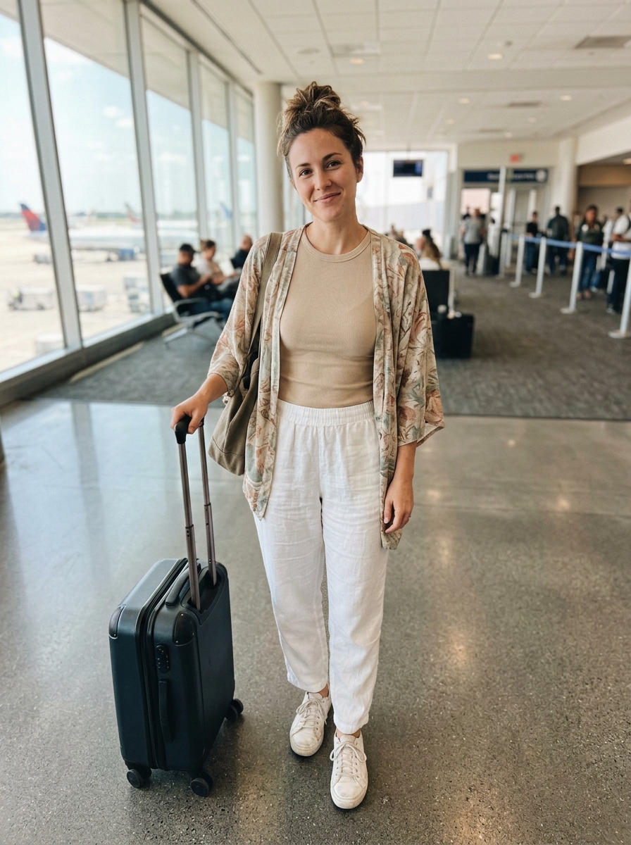 Summer Linen Pull-On Pants and Light Kimono comfy plane outfit
