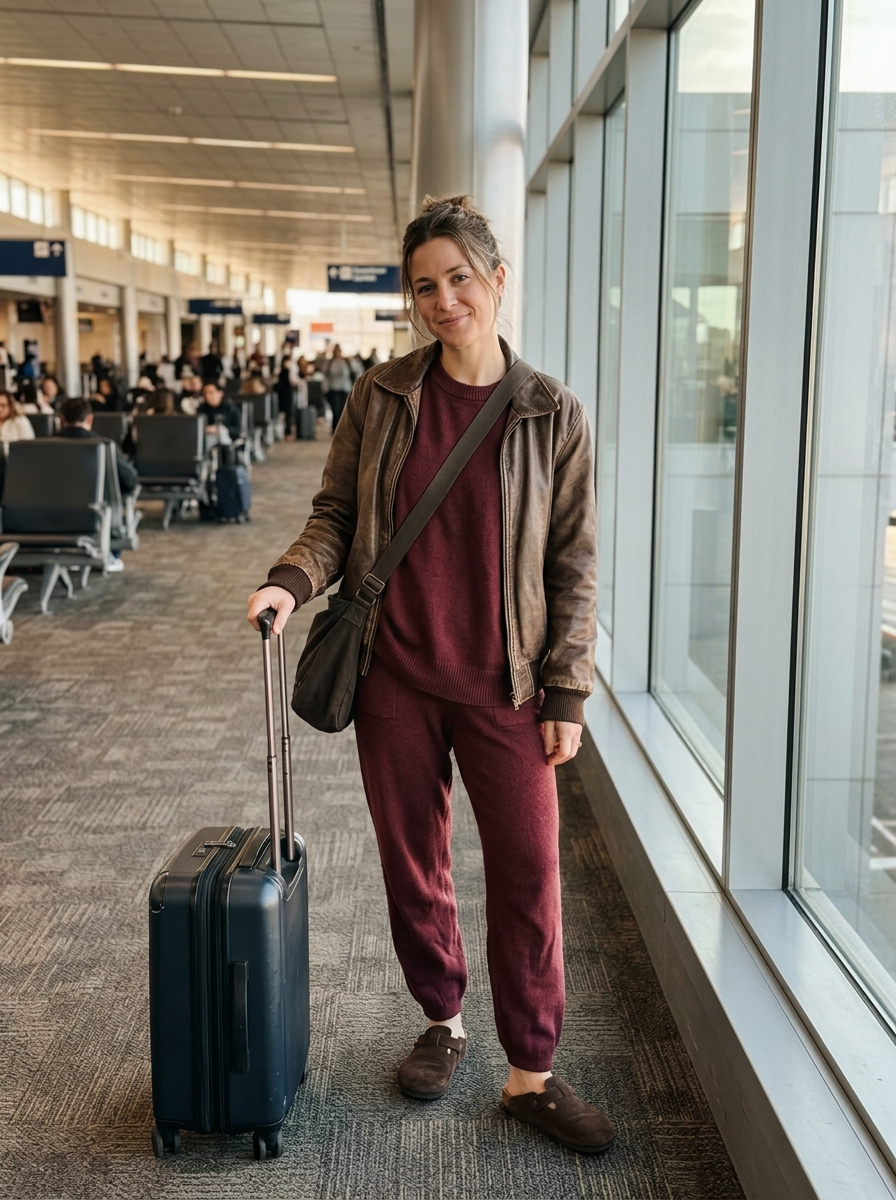 Fall 2026 Burgundy Set with a Leather Bomber comfy plane outfit