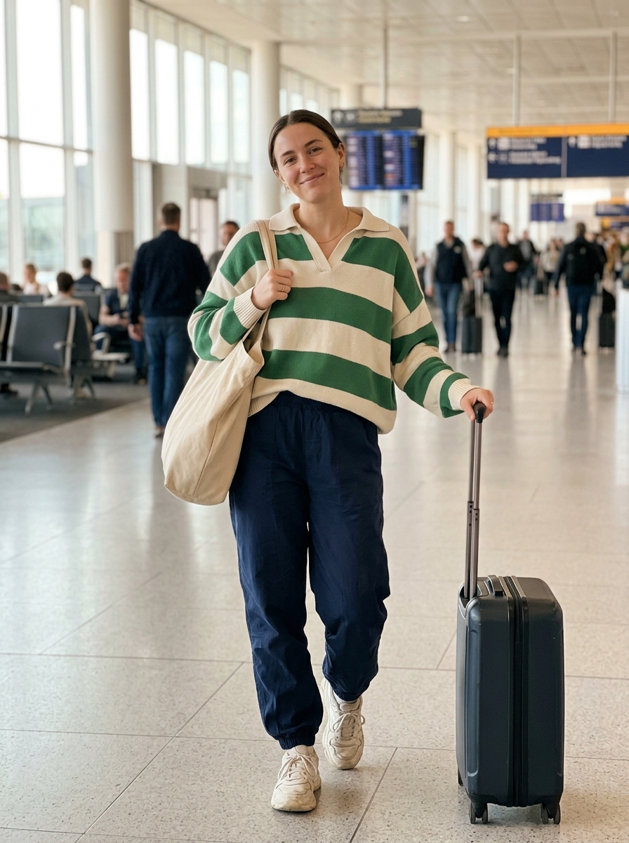 Rugby-Stripe Sweater and Track Pants comfy plane outfit