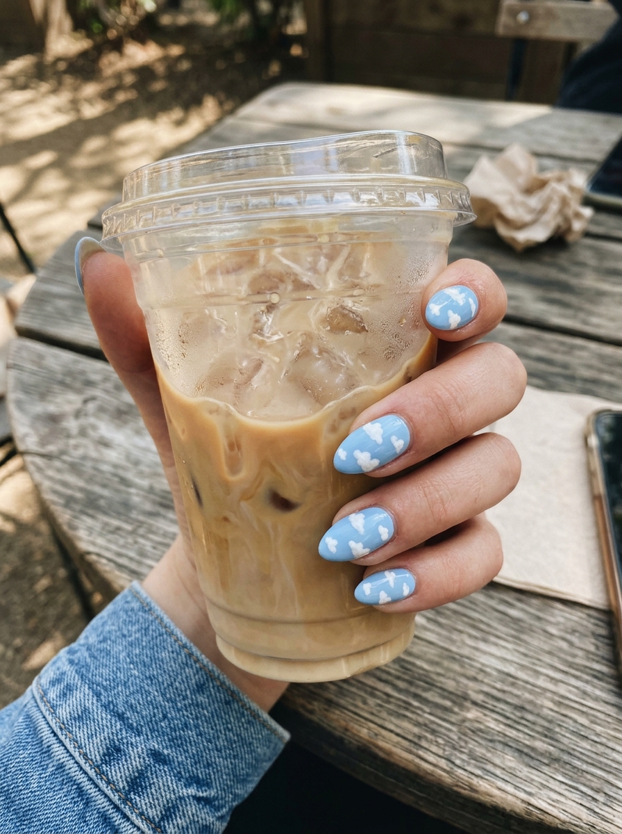 Baby Blue with White Clouds blue nails