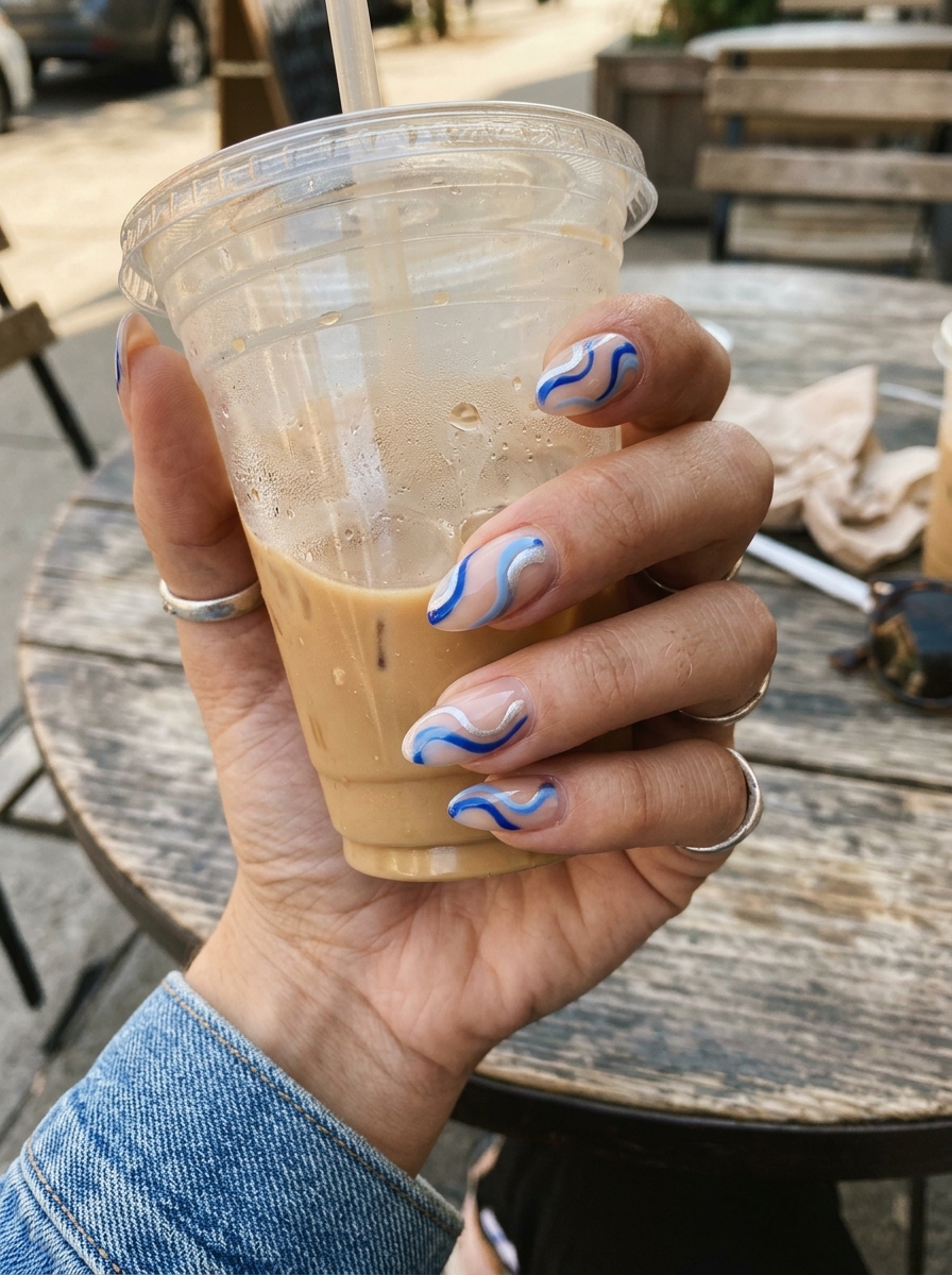 Blue and Silver Swirls blue nails
