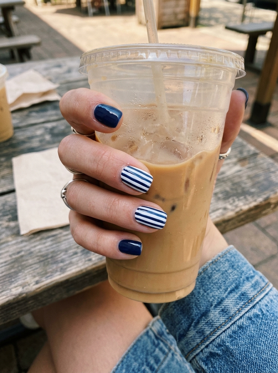 Navy and White Stripes blue nails