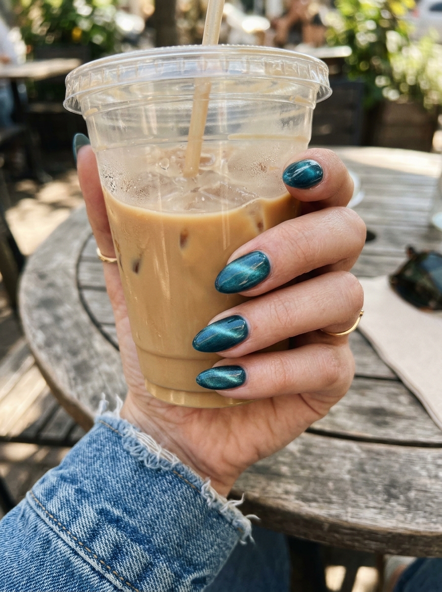 Teal Cat Eye blue nails