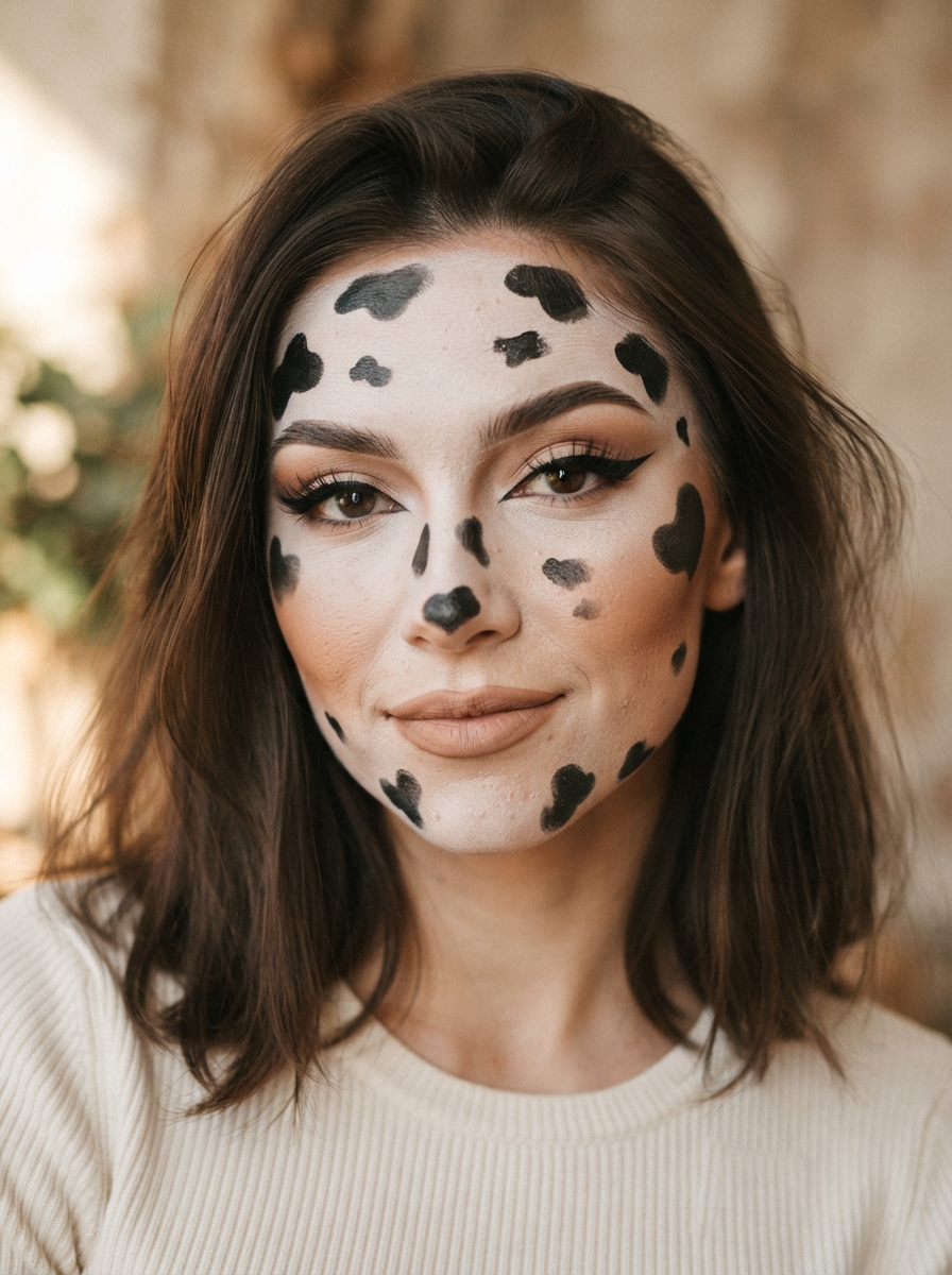 Full White Base with Black Spots cow makeup look