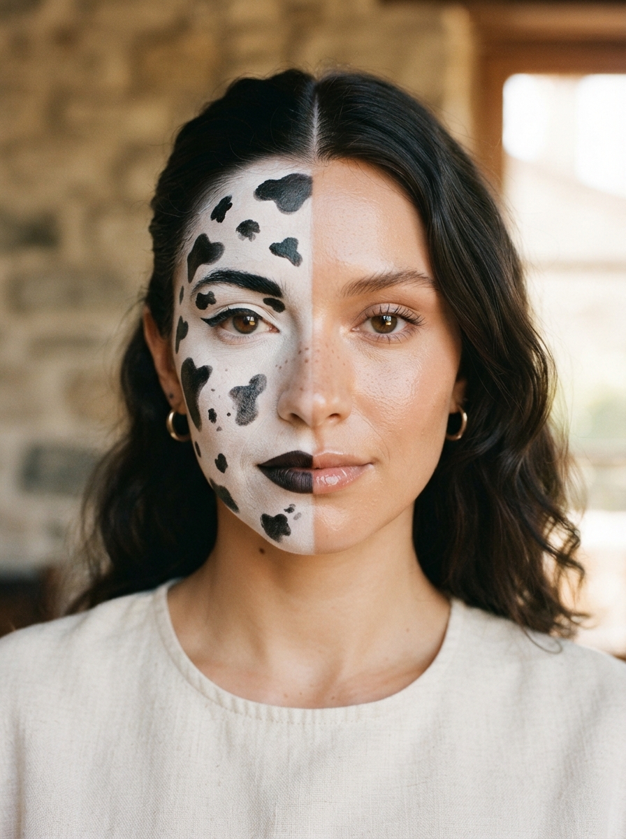 Half-and-Half cow makeup look