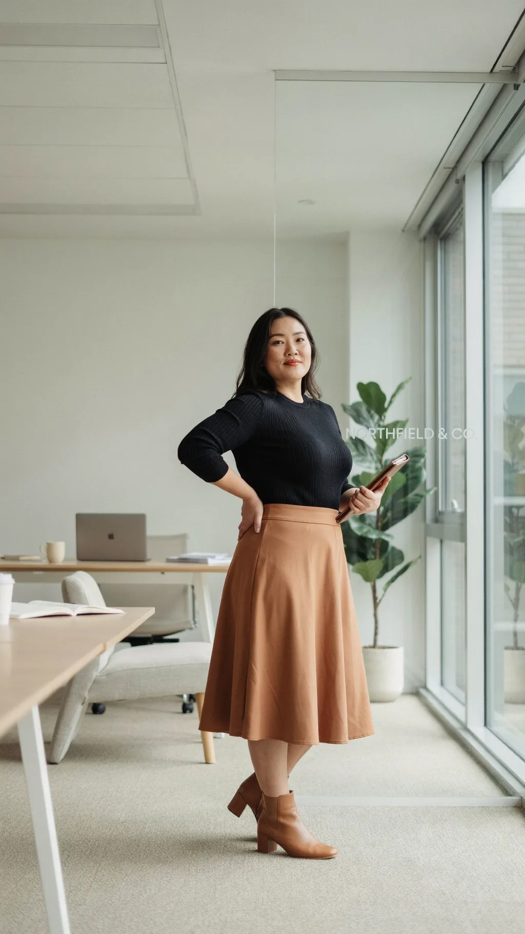 Midi A-Line Skirt and Fitted Knit office outfit for curvy women