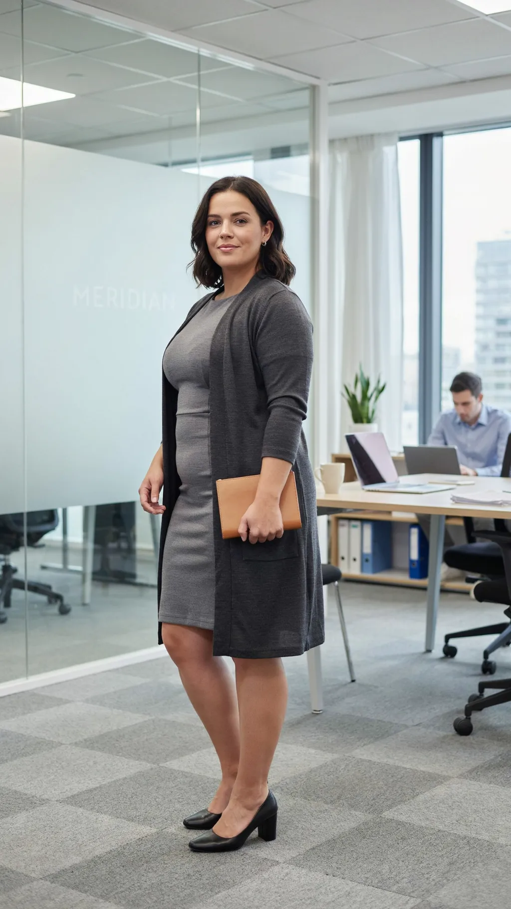 Longline Cardigan over a Sheath Dress office outfit for curvy women