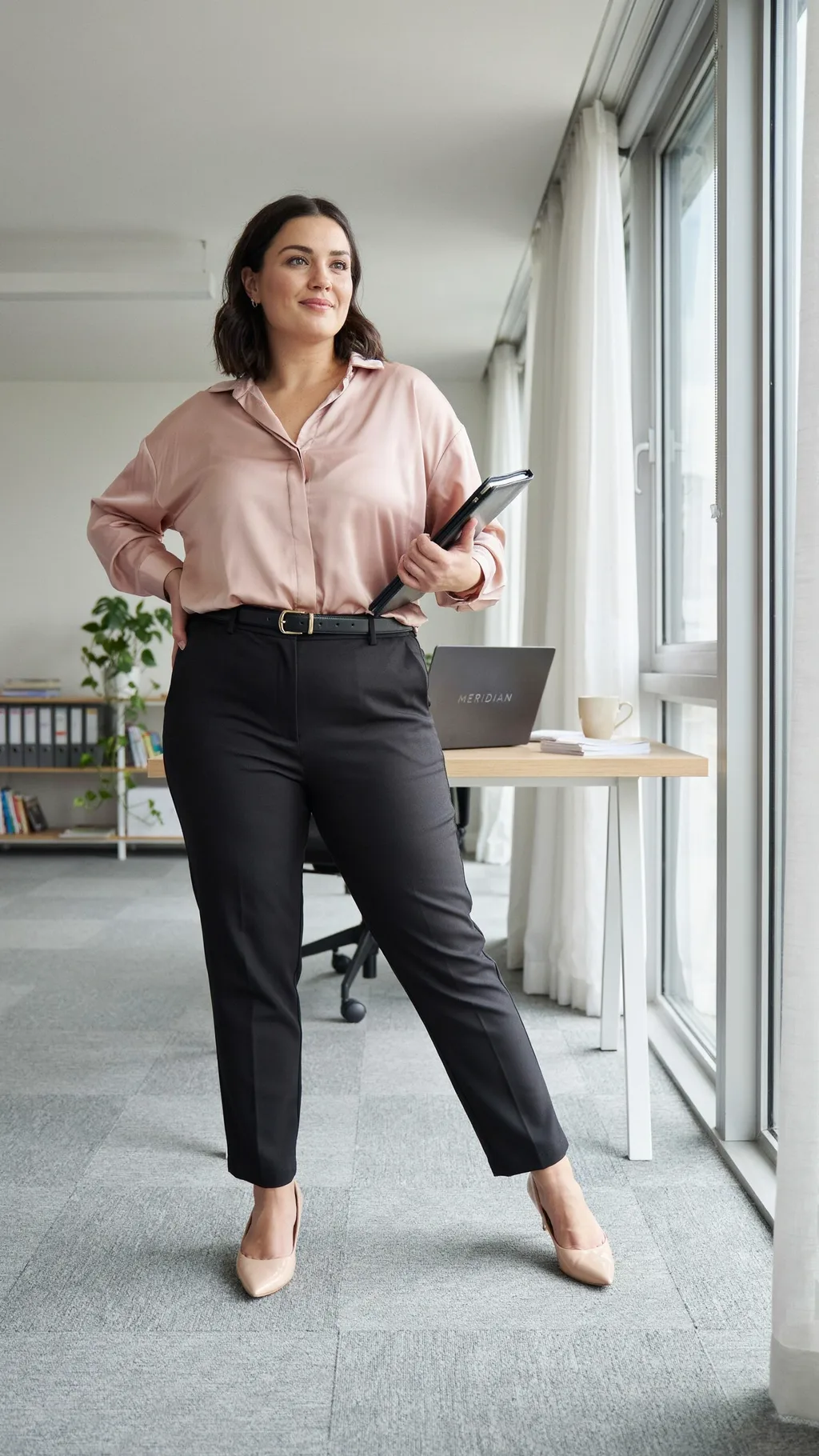 High-Waisted Trousers and Silk Blouse office outfit for curvy women